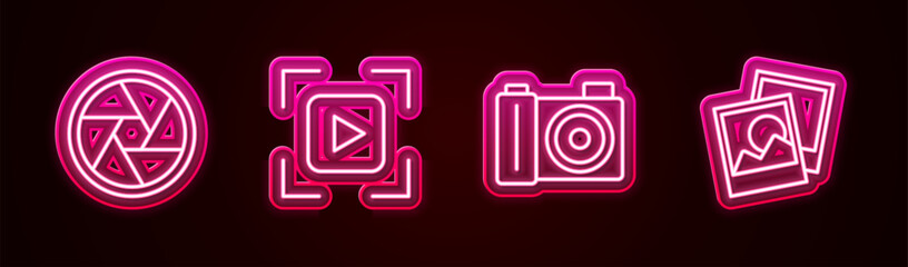 Sticker - Set line Camera shutter, focus frame line, Photo camera and . Glowing neon icon. Vector