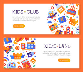 Sticker - Kids Land Club Web Banner with Bright Toy and Childish Entertainment Objects for Playing Vector Template