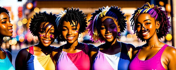 pop art style of Happy african american young people in stylish casual outfits posing on street, multiethnical women smiling, gesturing, hugging, set of positive photos, web-banner. Generative AI