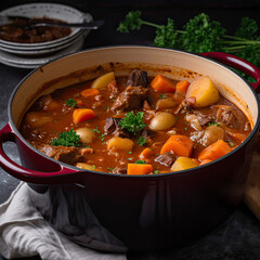 Homemade pot of stew with potatoes and carrots created with Generative AI technology