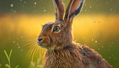 A close-up of a hare in a field in the rain.
