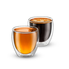 Two glass cups of tea and coffee isolated on white backgound