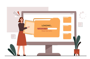Wall Mural - loading images concept. woman standing near computer screen with documents in her hand. cloud servic