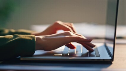 Wall Mural - woman hands typing keyboard laptop close up. girl freelancer working on notebook