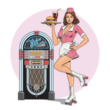 Waitress On Roller Skates, Drive-in Restaurant Diner Service. Young Cute Girl In Uniform And Music Jukebox. 50's Or 60's American Style Vector Illustration