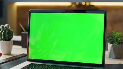 Wall Mural - man chatting greenscreen computer in workplace closeup. worker having conference