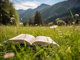 Wall Mural - Book on the meadow with mountain at background. AI generative