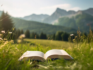 Wall Mural - Book on the meadow with mountain at background. AI generative