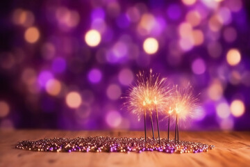 Wall Mural - Gold and purple Fireworks and bokeh in New Year eve and copy space. Abstract background holiday. AI generative
