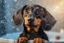 Dachshund Dog Is Taking Bath With Foam And Bubbles. Generated Ai Generative AI