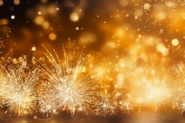 Poster - Gold and silver Fireworks and bokeh in New Year eve and copy space. Abstract background holiday. AI generative