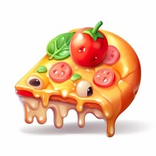 Create A Cartoon Pizza Slice With Crazy Eyes, Emoji, Tomato Sauce And Other Cute Pizza Pieces With Tomatoes - AI Generative