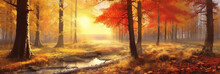 The Most Beautiful Red Autumn Forest In The World. AI Generative