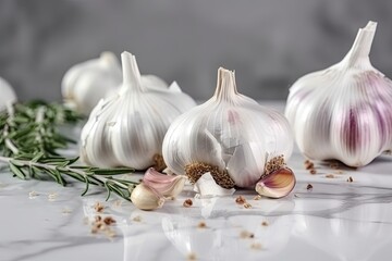 Fresh garlic bulbs with rosemary and pepper on white marble board. Ai generative.