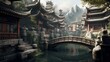 Traditional asian architecture illustration concept. Oriental village with pagoda temple in the mountains. Generative AI.