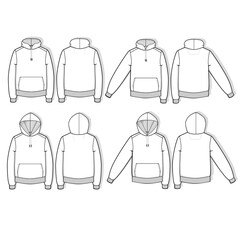 Hoodie Sweatshirt Technical Drawing Flat Template Mockup Vector CAD for Tech Packs Apparel Illustration Men's Black CAD Fashion Design