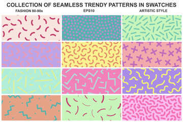 Collection of bright seamless colorful patterns. Creative unusual textile vibrant prints. Repeatable fun trendy backgrounds. Fashion style 80-90s. Endless design you can find in swatches panel