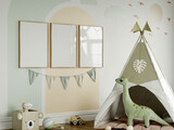 Frame mockup in green kids room interior with dinosaur toy, three vertical frames mockup, 3d render