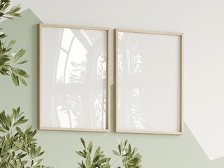 Wall Mural - two vertical frames on the white and green wall, boy room interior frame mockup, print mockup, baby room mockup, kids room mockup, nursery interior frame mockup, gallery wall mockup, 3d render