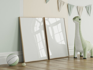 Frame mockup in green kids room interior with dinosaur toy, two vertical frames mockup, 3d render