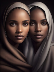 Portrait of two pretty black women posing in front of the camera. Generative Artificial Intelligence.