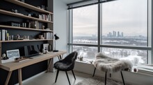 Interior Design Of Home Office In Scandinavian Style With Large Window With City View Decorated With Faux Fur Rug, Natural Wood Desk Material. Modern Architecture. Generative AI AIG24.