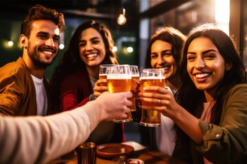 group of people cheering and drinking beer at bar pub table -happy young friends enjoying happy hour