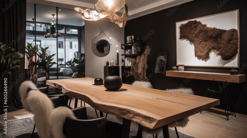 Interior design of Dining Room in Scandinavian style with Chandelier ...