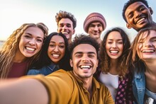 Multiracial Group Of Friends Having Fun Together Outdoors On City Street- Young Cheerful People Walking Hugging Outside- Next Gen Z Lifestyle Concept-Smiling Student Enjoying Vacation. 