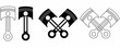 outline silhouette engine piston icon set isolated on white background.crossed piston simple logo