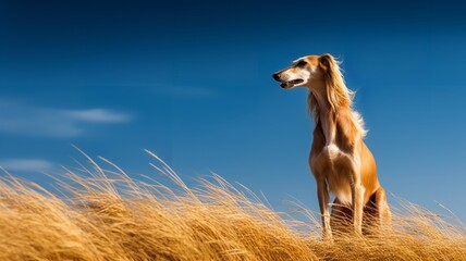 Graceful Saluki: A Saluki standing in a field, with its long silky fur blowing in the wind