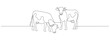 Cows on pasture in One continuous line drawing. Milk calf animal grazing symbol and beef meat farm concept in simple linear style. Editable stroke. Doodle outline vector illustration