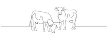 Cows On Pasture In One Continuous Line Drawing. Milk Calf Animal Grazing Symbol And Beef Meat Farm Concept In Simple Linear Style. Editable Stroke. Doodle Outline Vector Illustration