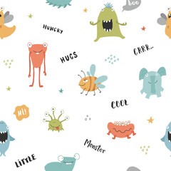 Cute monsters seamless pattern. Cartoon monsters background. Vector illustration