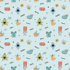 Cute monsters seamless pattern. Cartoon monsters background. Vector illustration