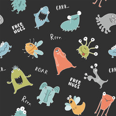 Cute monsters seamless pattern. Cartoon monsters background. Vector illustration