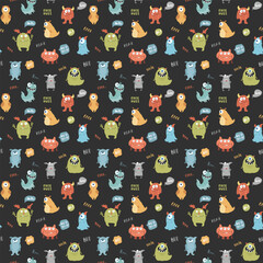 Cute monsters seamless pattern. Cartoon monsters background. Vector illustration