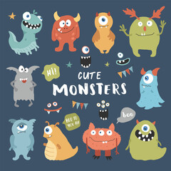 Cute monsters set. Cartoon monsters collection. Vector illustration