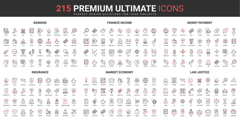 Poster - Finance and market economy thin line red black icons set vector illustration. Abstract symbols of banking, insurance of financial income, money payment, law justice simple design for mobile, web apps