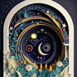 Multidimensional paper cut illustration starry night with glowing moonlight above fantasy landscape with ravishing intricate papercraft designs of lush forests and towering buildings by Generative AI.