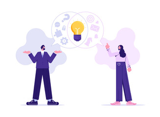 Wall Mural - Teamwork, collaborating and ideas concept, man and woman colleagues standing generating ideas discussing business together vector illustration