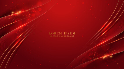 Golden lines with curve light, sparkle glowing effect and bokeh elements. Red luxury background style vector design