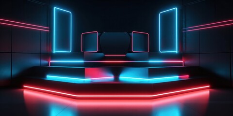 Poster - Empty red and blue neon light stadium background for E-sport game battle. Generative AI.