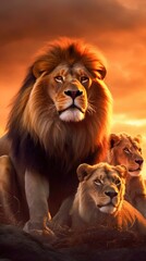 Wall Mural - Pride of African Lions Resting Together in the Golden Light of a Sunset. Generative ai