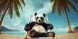 Funny panda in sunglasses on the sea is resting on vacation. AI  generation 