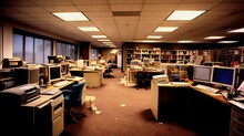 Retro 90s Office With Papers, Large Computers, And Clutter, Capturing The Atmosphere Of The Era, Generative Ai