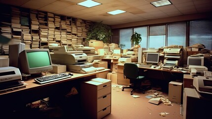 Retro 90s office with papers, large computers, and clutter, capturing the atmosphere of the era, generative ai