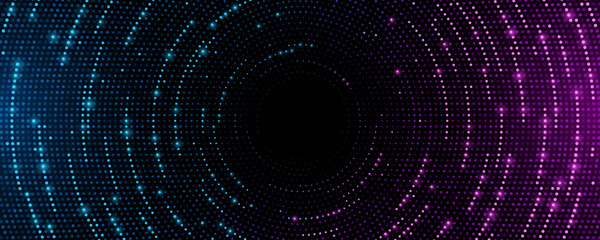 Wall Mural - Futuristic digital circles of glowing particles. Abstract colorful circular sound wave. Big data visualization into cyberspace. Pattern of dots. Vector Illustration