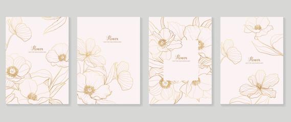 Wall Mural - Luxury floral vector background cover. Plant hand drawn with copy space for text and gold line art flower and leaf branch in pastel colors. Botanical design suitable for banner, cover, invitation.