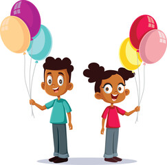 children holding party balloons vector cartoon illustration. happy friends celebrating at one annive